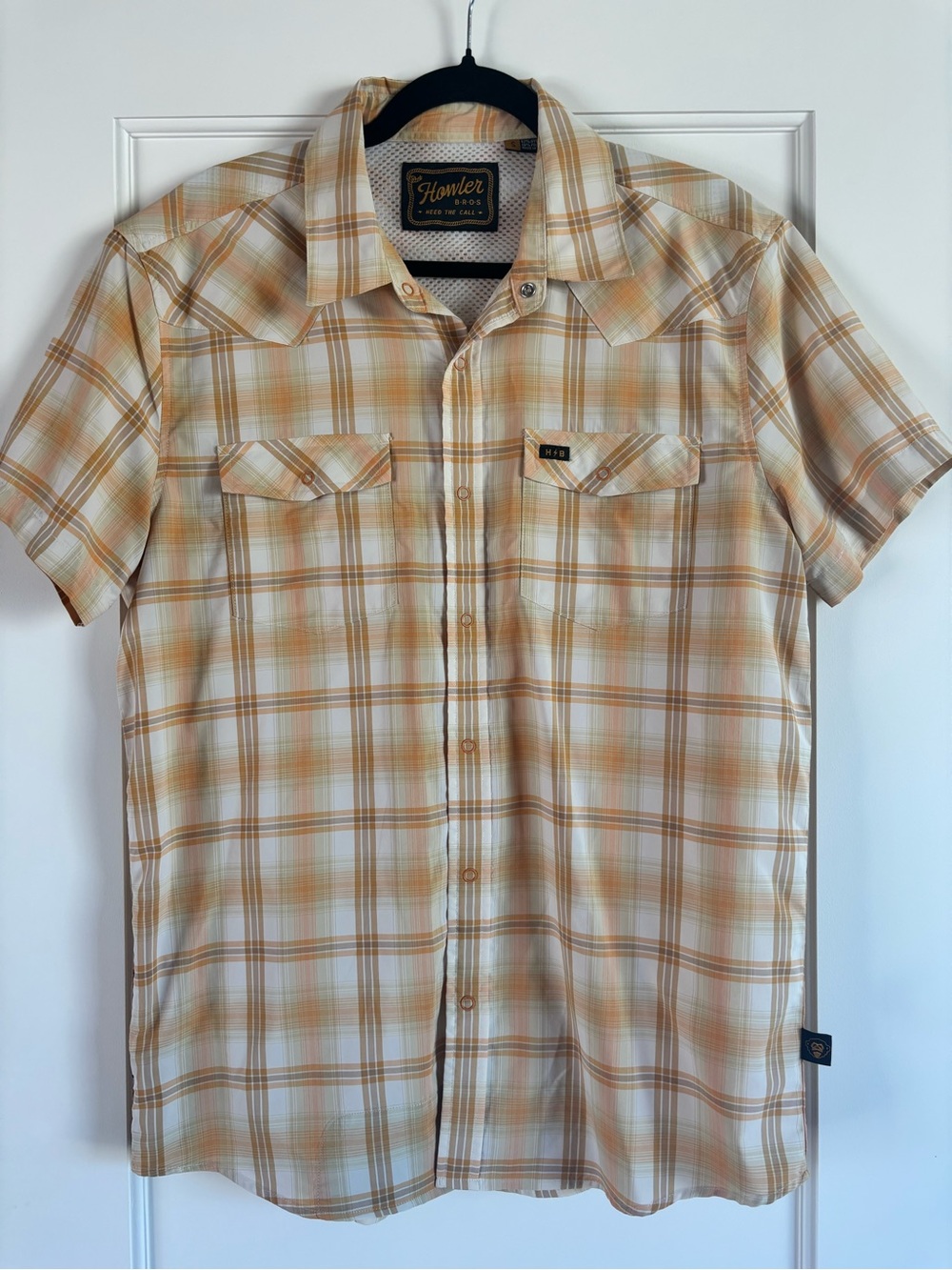Howler Brothers Plaid Short-Sleeve Button-Down in Beige and Orange